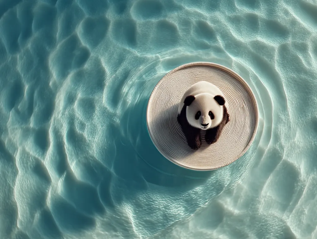 An overhead shot reveals a giant panda serenely seated on a circular, woven tray floating in a tranquil turquoise pool.  The water's surface ripples gently around the tray, creating a calming scene. The panda appears content and relaxed, enjoying its unusual float. The overall image evokes a sense of peace and tranquility.