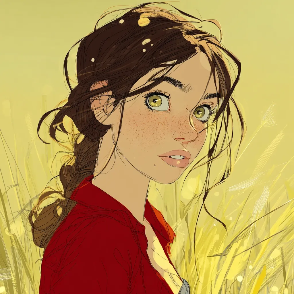 A stylized illustration of a young woman with freckles and vibrant green eyes. Her brown hair is partially pulled back, and she wears a red collared shirt. The background is a soft yellow, suggestive of a field of tall grass, creating a warm and dreamy atmosphere.  Her expression is gentle and curious, her gaze directed slightly away from the viewer. The style is reminiscent of graphic novel art.