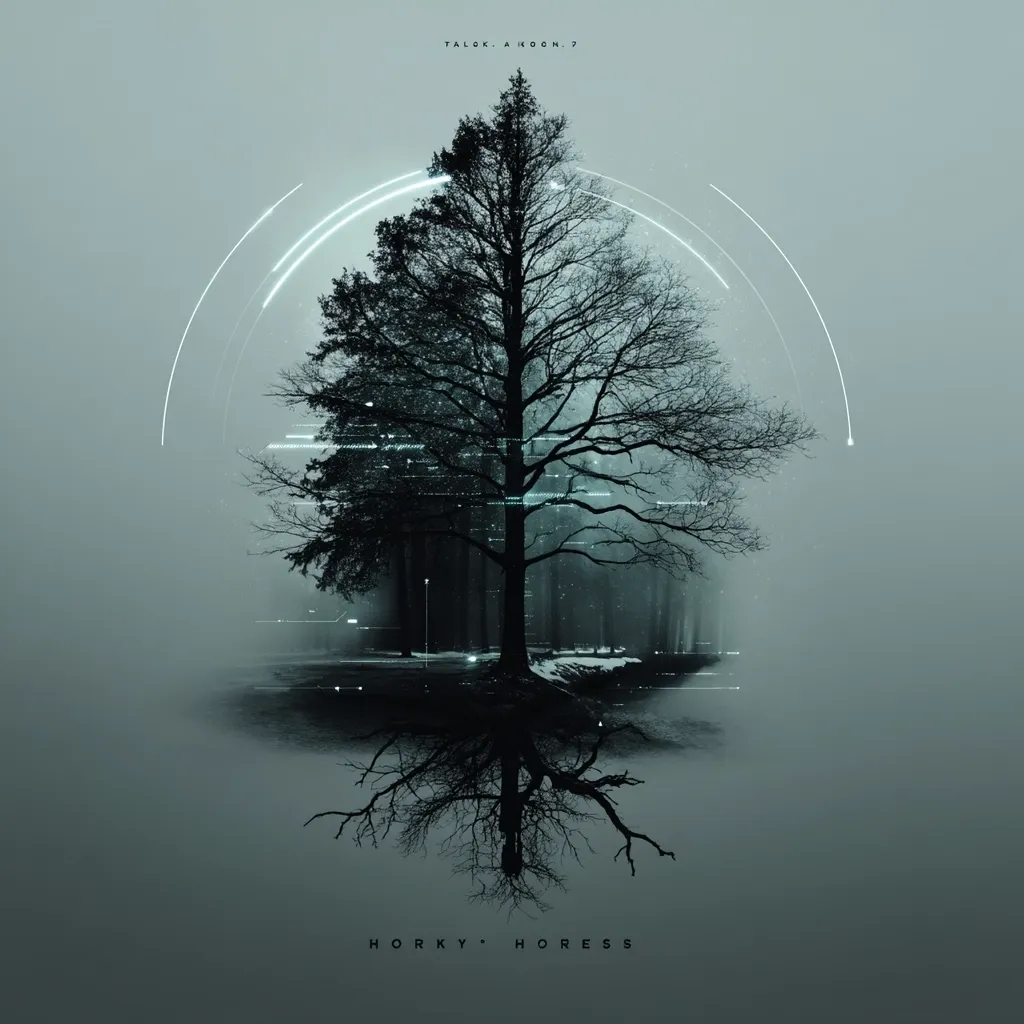 A stylized album cover features a large, bare tree silhouetted against a misty background.  Its reflection, showing intricate roots, is mirrored below.  Pale, glowing lines arc around the tree, creating a surreal, ethereal atmosphere. The title "TALOK. A NOON." and artist names "HORKY · HORESS" are subtly placed, enhancing the artwork's mysterious mood. The overall color palette is muted greens and grays.