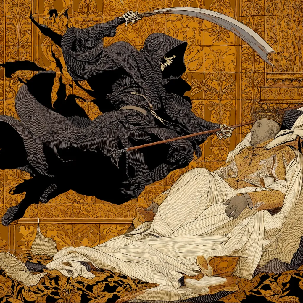 The image depicts a dramatic scene of Death, personified as a skeletal figure in a black robe and hood, wielding a scythe.  Death hovers over a reclining, richly dressed king or emperor who lies in a luxurious bed, seemingly awaiting his final moment. The detailed artwork, rendered in dark and light tones against an ornate, gold background, suggests a historical or allegorical narrative of mortality and power.