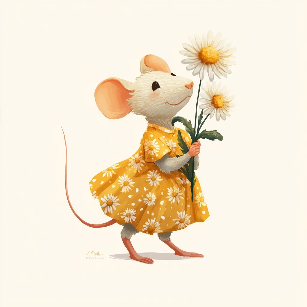 A charming illustration depicts a small, white mouse dressed in a yellow daisy-print dress.  The mouse holds a bouquet of three white daisies, its expression sweet and cheerful. The style is digitally painted, with soft colors and a whimsical feel. The mouse's long tail curves gracefully behind it, adding to the overall delicate charm of the image.