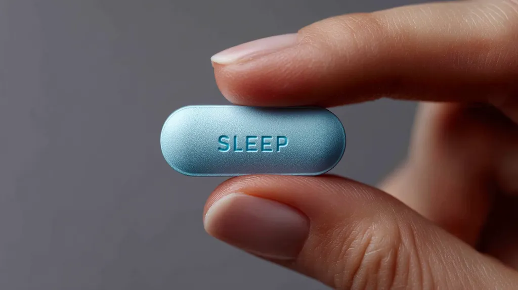 A close-up shows a person's fingers gently holding a light blue oblong pill.  The word "SLEEP" is embossed on the pill's surface. The image suggests the pill is a sleep aid or medication for insomnia. The background is a blurred, neutral gray.