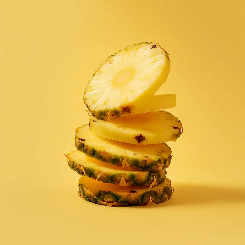 A stack of juicy pineapple slices stands against a vibrant yellow background.  The slices are neatly arranged, showcasing the fruit's bright yellow flesh and textured green rind.  The top slice is slightly askew, adding a playful touch to the image, creating a visually appealing and refreshing summery scene.