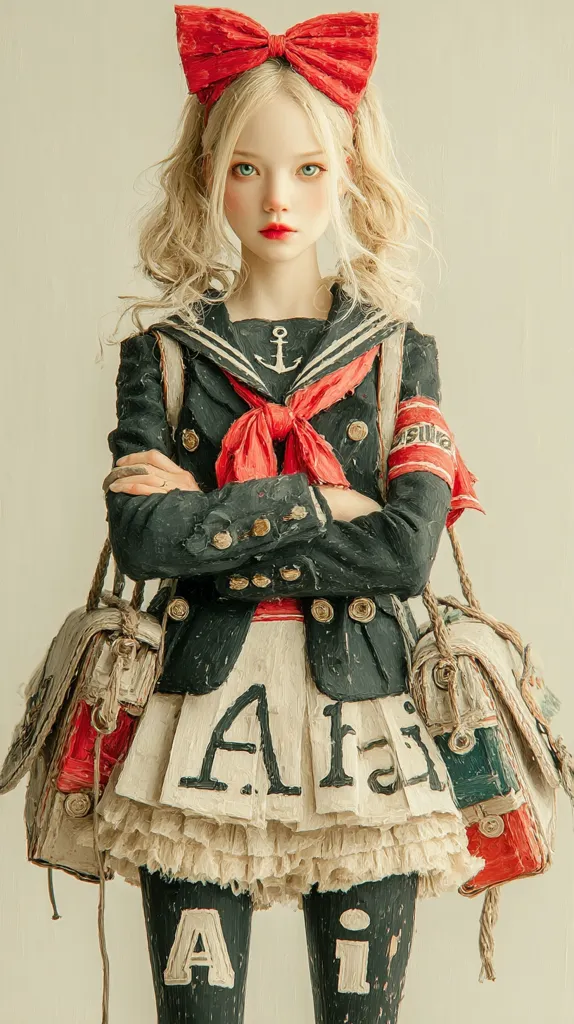 A meticulously crafted doll, seemingly made of wood or clay, is depicted.  She sports a sailor-style uniform with a red bow and carries two satchel-style bags.  The doll's blonde hair is styled in pigtails, and her expression is serene. The clothing features painted details and text, adding to the artistic effect.  The overall style is reminiscent of whimsical, slightly gothic artwork.