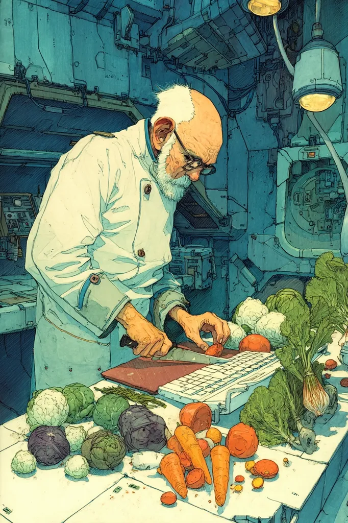 An elderly chef, clad in a white coat, meticulously prepares vegetables in a futuristic, metallic kitchen.  Surrounded by an array of cabbages, carrots, and other produce, he carefully slices a tomato with a knife.  The scene is a striking blend of classical culinary imagery and advanced technology, the setting hinting at a space station or technologically advanced environment.  The artist's style is detailed and evocative, creating a compelling narrative within the image.