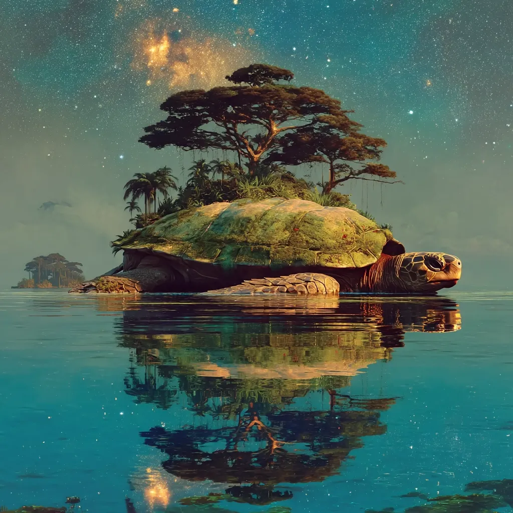 A giant sea turtle swims serenely through calm, turquoise waters under a starlit sky.  Its shell supports a lush, tropical island complete with trees and palm trees. The turtle's reflection is perfectly mirrored in the tranquil ocean, creating a surreal and enchanting scene.  A smaller island is visible in the distance, adding to the magical ambiance.