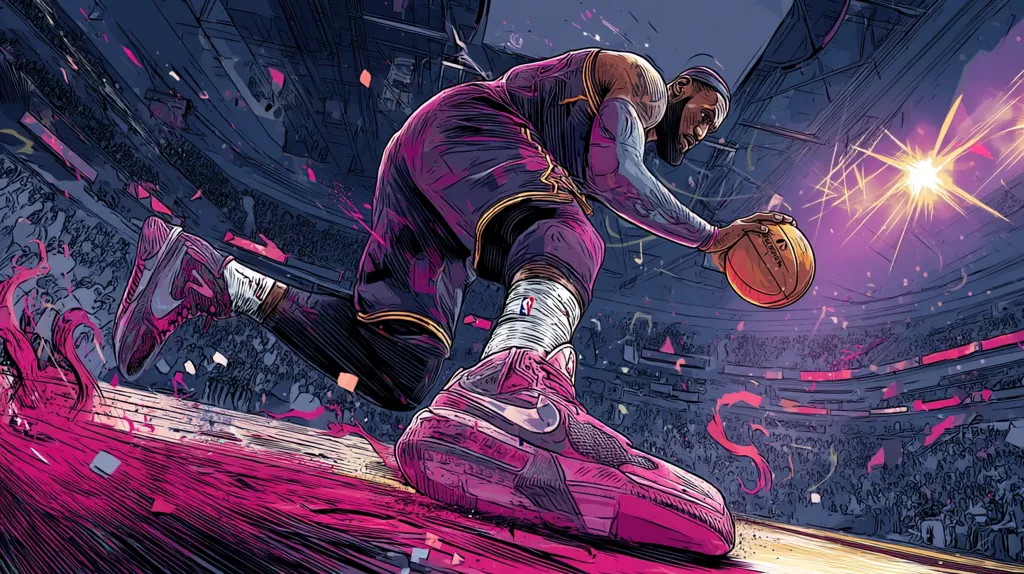 A dynamic illustration depicts LeBron James in mid-drive, his purple and gold jersey vibrant against the backdrop of a packed arena.  Pink accents highlight his shoes and a trail on the court, adding to the image's energetic feel.  The style is a stylized blend of comic book and realism, with dramatic lighting and intense action.  The overall impression is one of power and athleticism.