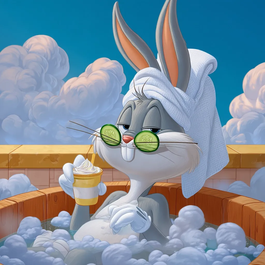 Bugs Bunny enjoys a luxurious spa day.  Relaxed in a wooden hot tub, he wears cucumber eye masks and a fluffy towel, sipping a creamy drink.  Bubbles surround him, creating a serene and comical scene against a bright blue sky.  The image is a whimsical depiction of the iconic cartoon character indulging in self-care.