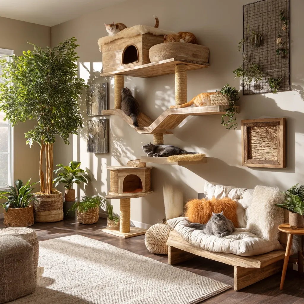 A sunlit room features a large, multi-level cat tree made of light wood, providing ample space for several cats to lounge and play.  The cat tree is adorned with plush beds and scratching posts, and is complemented by potted plants and a low, wooden cat bed with a grey cat resting on it.  The overall aesthetic is natural and calming, creating a serene environment for both cats and humans.
