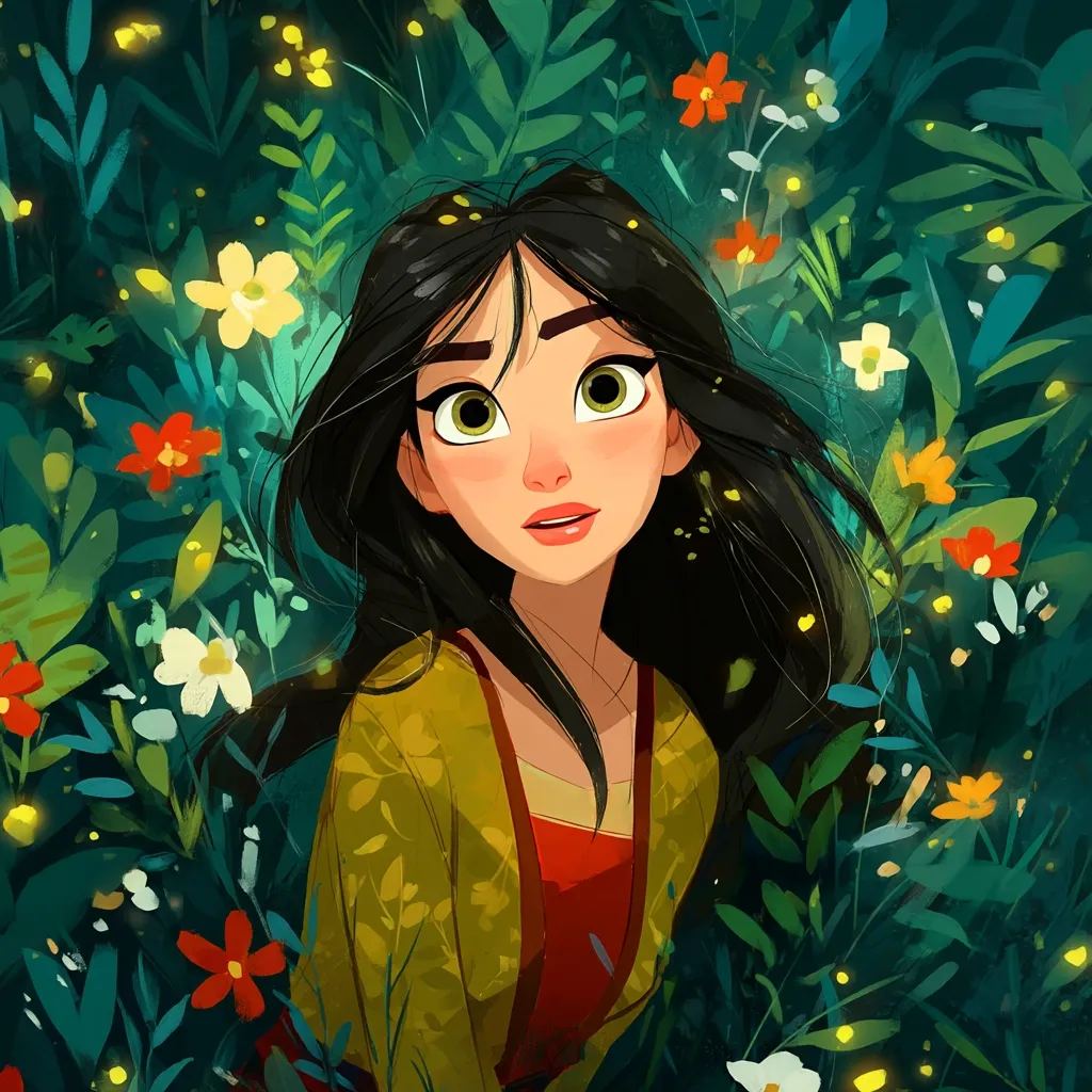 A stylized illustration of a young woman, reminiscent of Mulan, with long dark hair and large green eyes. She wears a mustard yellow and red patterned robe.  She is surrounded by lush greenery, vibrant flowers in shades of red, orange, white and yellow, and glowing fireflies, creating a magical and enchanting scene.  Her expression is one of wonder and curiosity, gazing upwards.