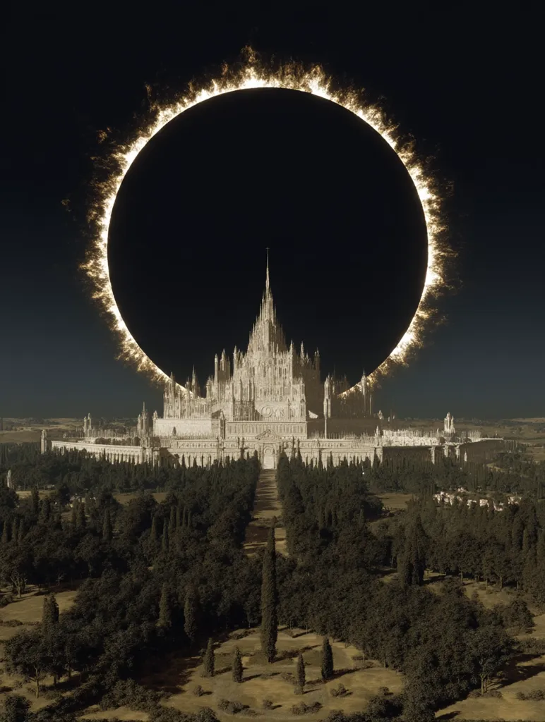A majestic, white gothic castle stands at the center of a vast, meticulously landscaped park,  surrounded by rows of evenly spaced cypress trees.  A colossal, fiery ring, resembling a solar eclipse, dominates the dark sky above, creating a dramatic and surreal scene. The overall image evokes a sense of grandeur and otherworldly beauty.