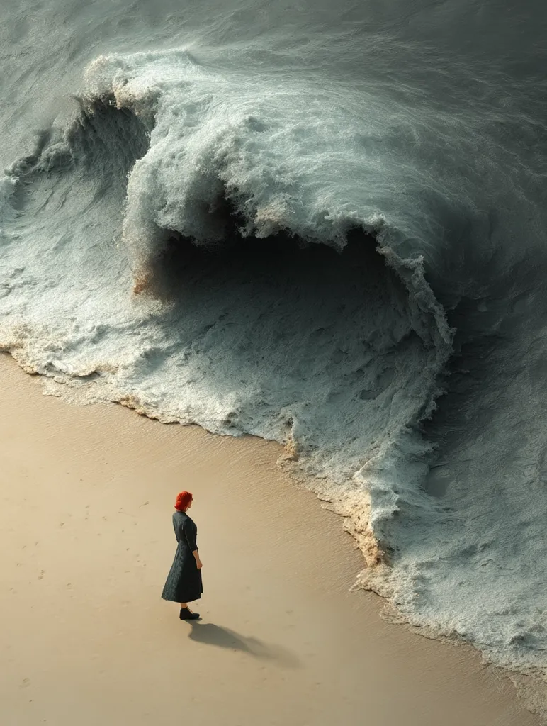 An aerial view shows a lone woman with vibrant red hair, standing on a sandy beach. She's dressed in a dark, knee-length dress and black shoes. A massive, imposing wave, rendered in shades of gray and white, looms over the beach, its frothy crest just short of the shore. The contrast between the woman's small figure and the immense wave creates a dramatic and visually striking image.  The scene evokes a sense of impending threat or overwhelming power of nature.