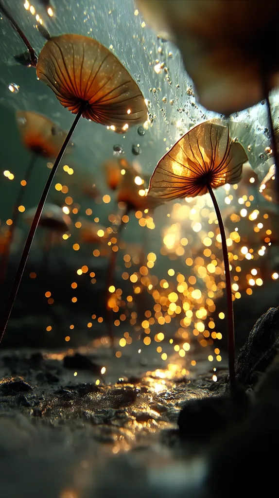 Delicate, translucent fungi resembling parasols rise from a dark, textured surface.  Golden sparks or shimmering lights sprinkle the scene, creating a magical, ethereal atmosphere.  The image is taken from a low angle, emphasizing the upward reach of the fungi and the enchanting glow. The overall effect is one of wonder and subtle beauty.