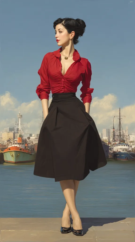 A stylish woman in a red blouse and black midi skirt stands by a waterfront.  Her dark hair is styled up, and she wears black heels.  A cityscape and docked ships are visible in the background, under a clear blue sky.  The overall style evokes a mid-20th century aesthetic.