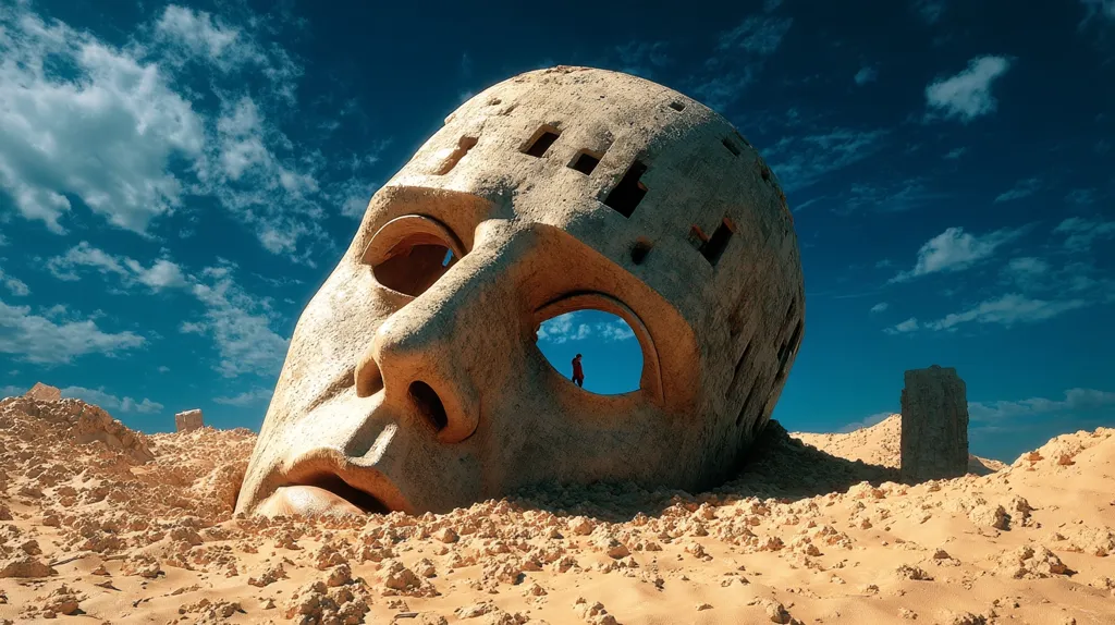A colossal, weathered stone face, partially buried in sand, dominates a desolate desert landscape under a vibrant blue sky.  A small figure is visible through an eye-socket opening in the monument, emphasizing the scale of the sculpture.  Other smaller structures are scattered in the background, adding to the scene's mysterious and ancient atmosphere. The image evokes a sense of vastness and isolation.