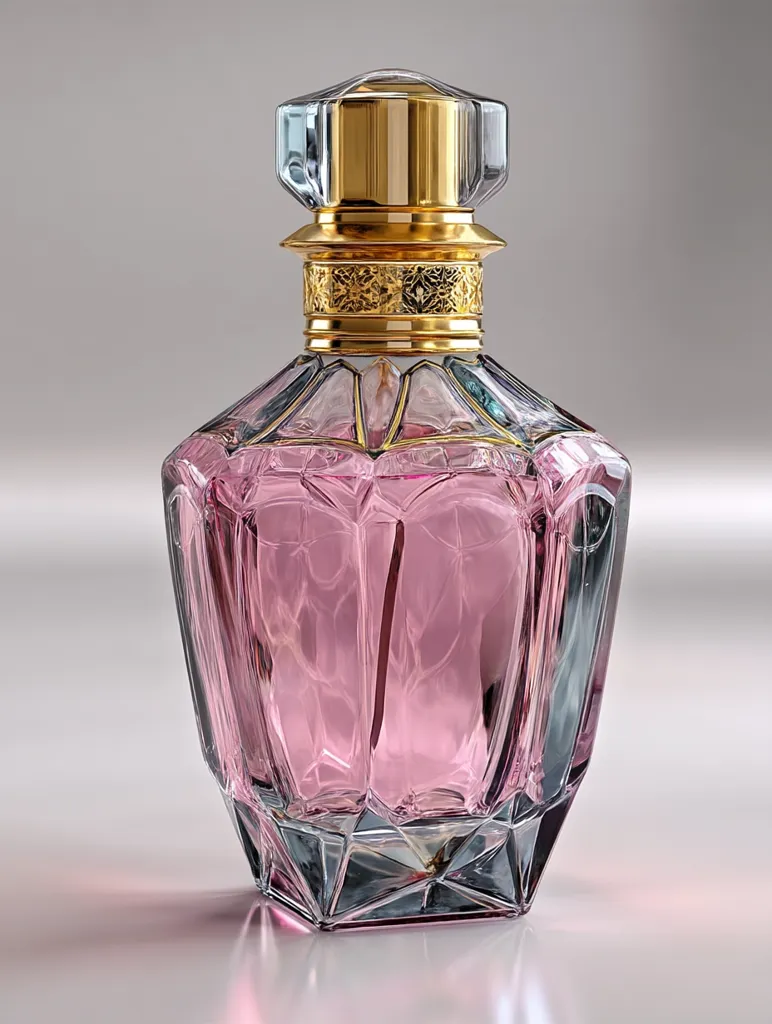 A luxurious perfume bottle with a faceted, geometric design.  The bottle is filled with a pale pink perfume and features a gold-colored cap and ornate detailing around the neck.  The crystal-like glass reflects light, showcasing its intricate facets. The overall aesthetic is elegant and sophisticated.