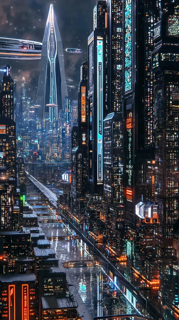 A futuristic cityscape at night, illuminated with vibrant neon lights.  Tall, slender skyscrapers dominate the skyline, reflecting in a canal that runs through the city's center.  Flying vehicles are visible in the sky, adding to the advanced technological atmosphere. The overall scene is one of a densely populated, technologically advanced metropolis.