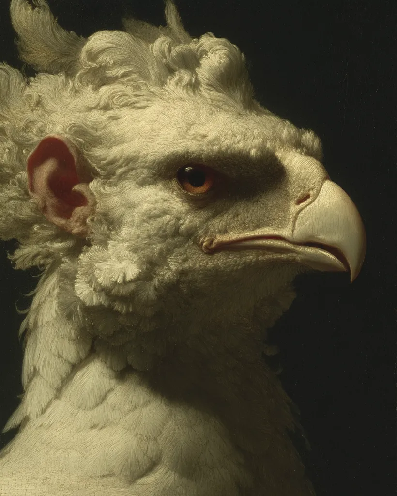 A close-up portrait of a fantastical creature, resembling a large white bird of prey.  Its plumage is incredibly detailed and fluffy, almost resembling fur.  A human-like ear is visible on its head, adding to its surreal and otherworldly quality. The creature's gaze is intense, its eye a striking orange against its pale feathers. The dark background enhances the creature's unique features.