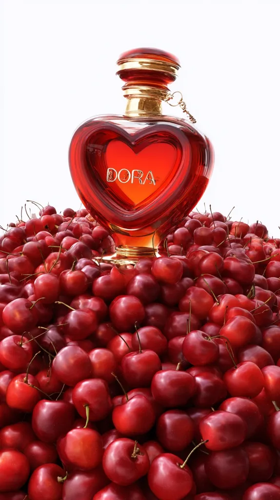 A heart-shaped bottle of "DORA" perfume, crafted from rich red glass with gold accents, sits atop a vibrant mound of ripe, red cherries. The contrast between the smooth, polished perfume bottle and the slightly textured, natural cherries creates a visually striking image. The bright red color scheme is consistent throughout the image, creating a cohesive and visually appealing composition.