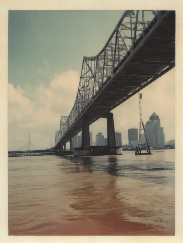 A low-angle view of a large steel bridge spanning a wide, muddy river.  The bridge's intricate structure dominates the foreground, while a cityscape, including skyscrapers, is visible in the background. The water appears calm, reflecting the sky and the bridge's underside.  The overall tone is muted, suggesting a vintage photograph.