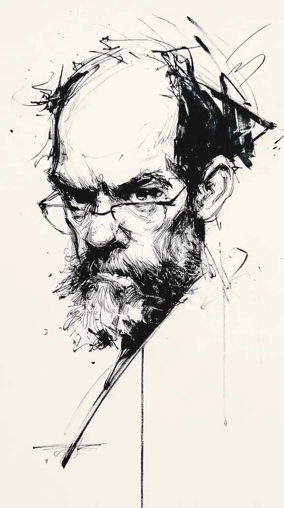 A striking black and white ink portrait captures a man's intense gaze.  His bald head and thick beard are rendered with expressive, gestural lines.  He wears glasses, and his features are sharply defined, conveying a sense of seriousness or contemplation. The background is a flurry of abstract strokes, adding dynamism to the piece. The style is raw and emotive, prioritizing expression over strict realism.