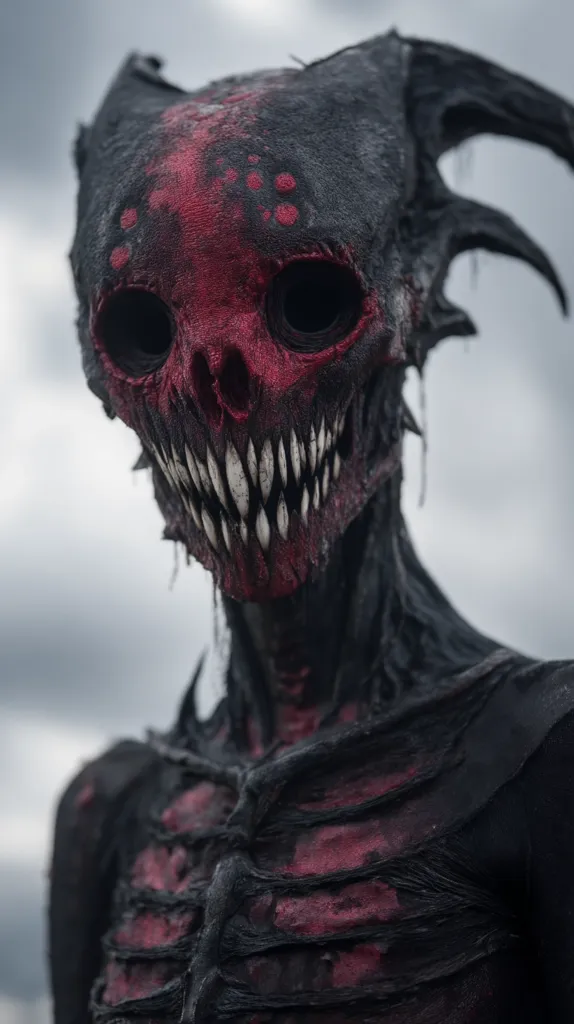 A terrifying creature, seemingly a demonic entity, is captured in close-up. Its head is a grotesque mask of black and crimson, with a skull-like face, sharp teeth, and large, dark eyes.  The body is similarly textured, suggesting decaying flesh or a dark costume.  Horns or protrusions rise from its head, adding to the monstrous effect. The overall aesthetic is dark, gritty, and horrifying, evocative of fantasy or horror.
