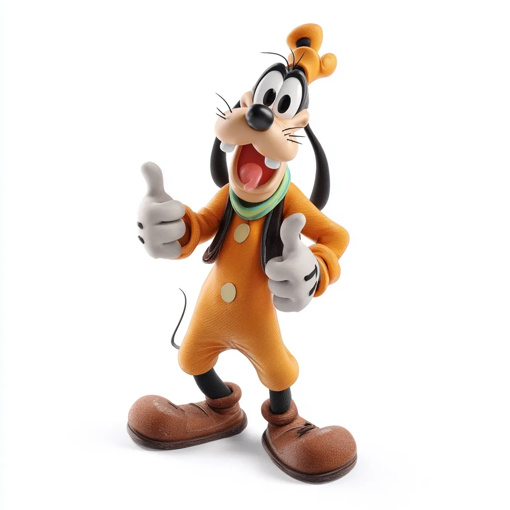 A cheerful Goofy figurine stands with both thumbs up, showcasing a playful and optimistic expression.  He's dressed in an orange jumpsuit, brown boots, and a small cap, suggesting a sense of adventure.  The 3D-rendered image presents him against a stark white background, highlighting his vibrant colors and detailed features.  His tongue is playfully sticking out, adding to his happy demeanor.