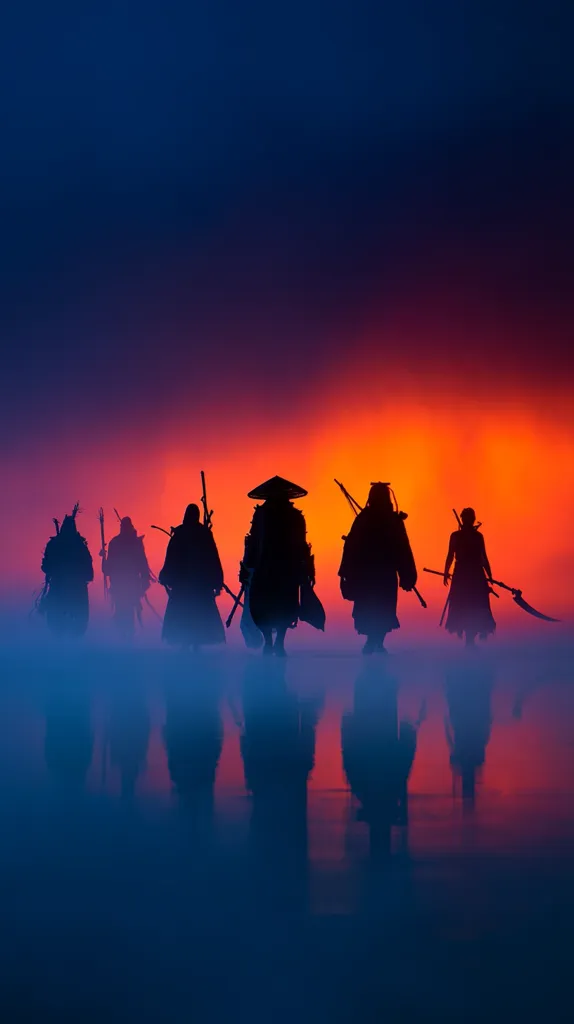 Silhouetted samurai walk towards a vibrant sunset reflecting in a calm body of water.  Their figures are stark against the fiery orange and red sky, creating a dramatic and mystical scene.  The fog adds to the ethereal atmosphere, emphasizing the lone figures as they traverse the misty landscape.  The scene evokes a sense of journey and quiet determination.
