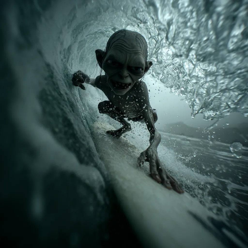 A Gollum-like creature, gray and grotesque, rides a surfboard inside a powerful, churning wave.  The creature's expression is fierce, its long, spindly fingers gripping the board as it navigates the turbulent water.  The scene is dark and moody, emphasizing the creature's unsettling presence amidst the ocean's raw power.  The perspective is from within the wave, creating a dramatic and immersive view.