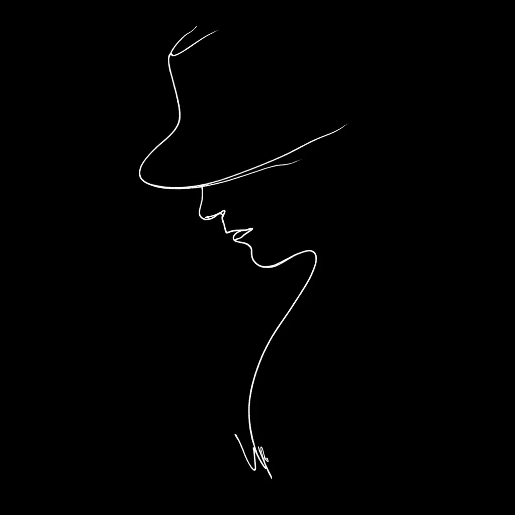 A minimalist line drawing on a black background depicts a woman's profile wearing a fedora.  The single, continuous white line elegantly outlines the hat's brim, her face, and neck, creating a sense of grace and mystery. The style is simple yet evocative, leaving much to the viewer's interpretation.  The artist's signature is subtly placed at the bottom.