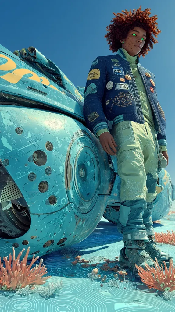 A young person with vibrant red hair and glowing green eyes stands beside a futuristic, teal-colored vehicle.  They wear a richly decorated bomber jacket and light green pants, futuristic boots completing the outfit. The vehicle is large, round, and appears worn, with a textured surface.  The scene is set on a surreal, aqua-toned landscape, featuring coral-like structures, suggesting an otherworldly or futuristic setting.