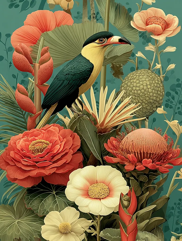 A vibrant illustration showcases a toucan perched amidst a lush arrangement of tropical flowers.  The bird, with its striking yellow and green plumage, is positioned centrally, surrounded by large, richly colored blooms in shades of orange, red, and cream.  The teal background enhances the overall tropical feel of the artwork, creating a visually captivating and exotic scene.  The style is reminiscent of botanical illustrations with a modern twist.