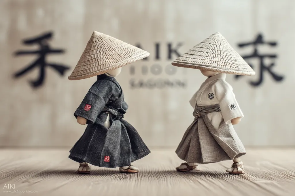 Two meticulously crafted dolls, dressed in traditional Aikido attire, stand facing each other.  They wear conical straw hats and their gi are detailed with small embroidered symbols.  A blurred background features Japanese kanji characters, suggesting a martial arts setting. The scene evokes a sense of quiet intensity and cultural heritage.