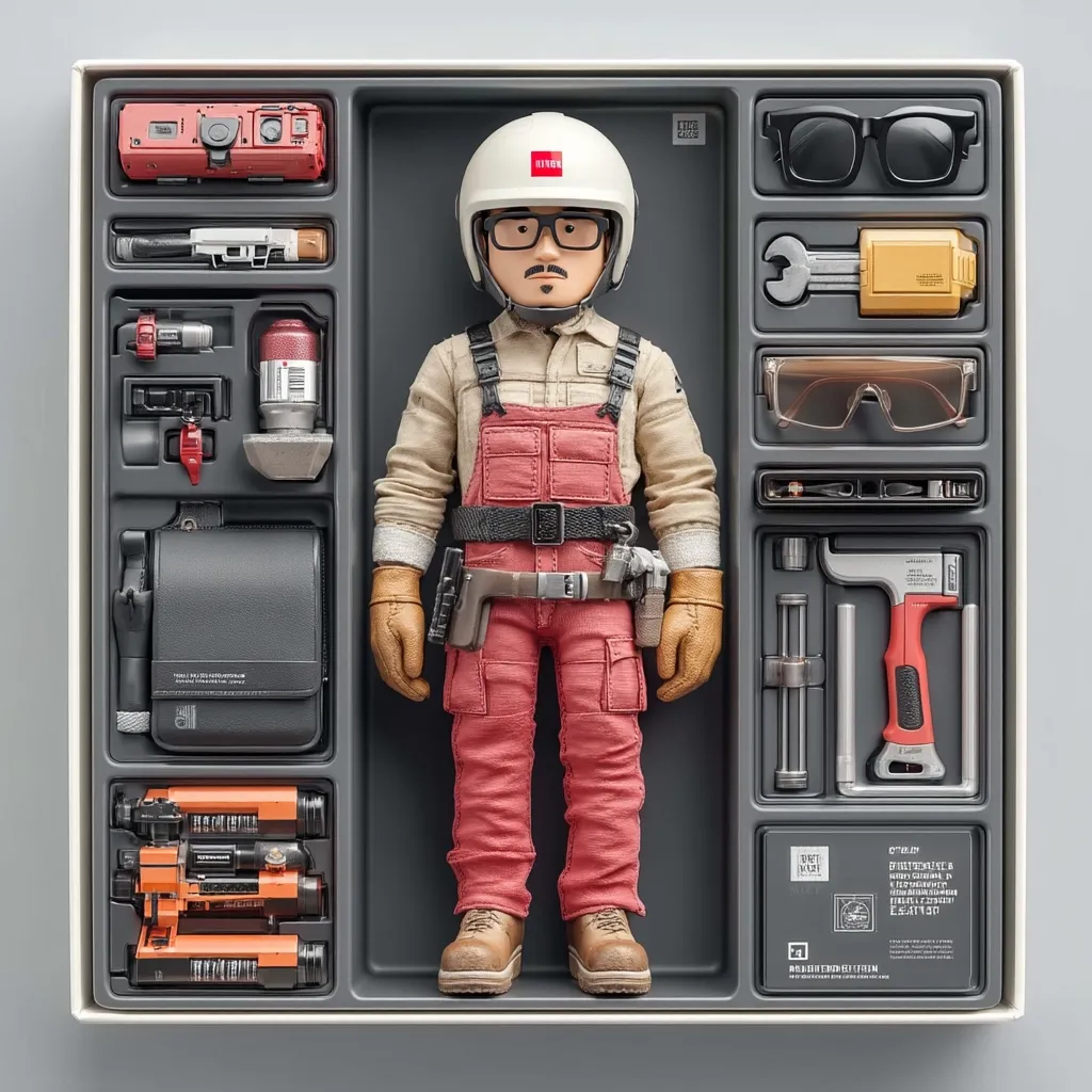 A meticulously detailed figurine of a worker, clad in coral overalls and a white helmet, is centrally positioned within an organized toolbox.  Surrounding the figurine are various tools and accessories neatly arranged in compartments, including safety glasses, a wrench, a hammer, and other equipment. The overall aesthetic is clean, minimalist, and suggests a high level of precision and craftsmanship.