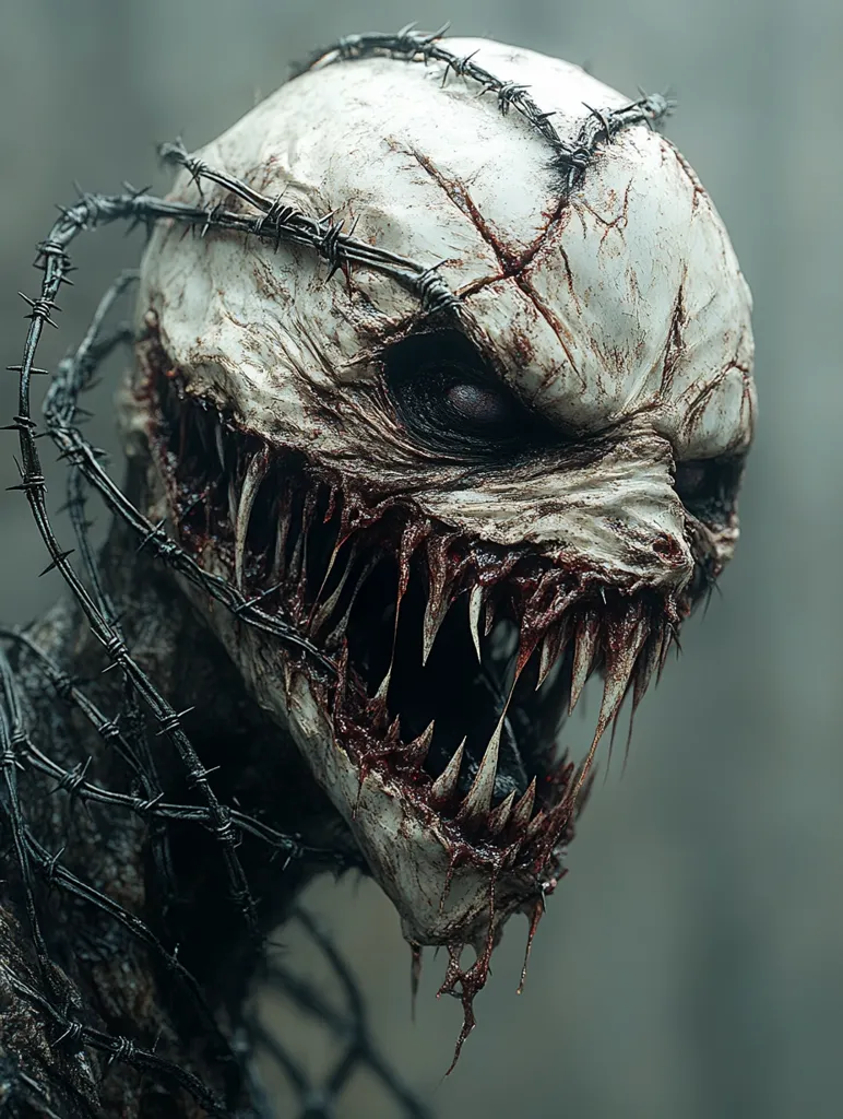 A horrifying creature, seemingly undead, is depicted. Its pale, decaying skin is marred by wounds and blood.  Sharp teeth protrude from a grotesque maw.  Barbed wire encircles its head and body, adding to its menacing appearance. The creature's eyes are dark and unsettling, suggesting malice and aggression. The overall image evokes a sense of fear and dread.