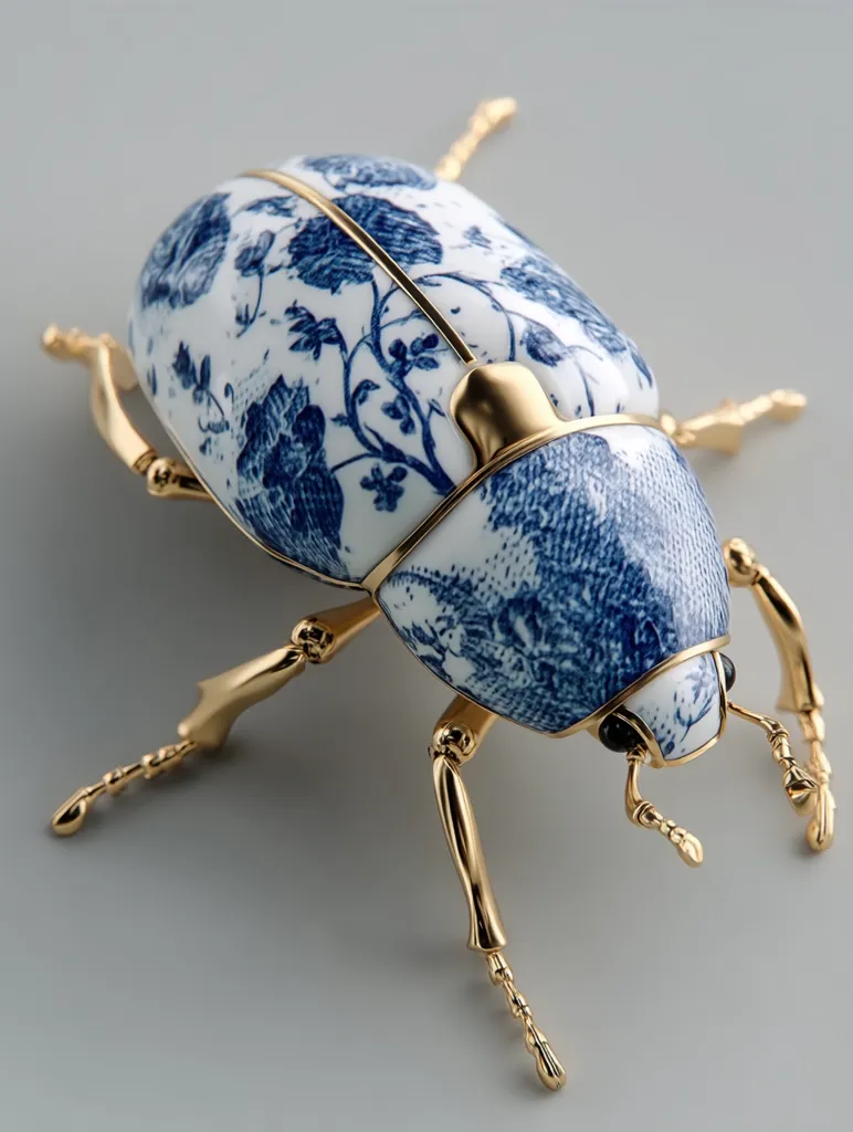 A meticulously crafted porcelain beetle is depicted, its body adorned with a delicate blue and white floral pattern reminiscent of traditional Chinese porcelain.  Gold-toned legs and accents provide a striking contrast to the intricate design.  The beetle is presented against a neutral gray background, highlighting its detailed artistry and luxurious craftsmanship.