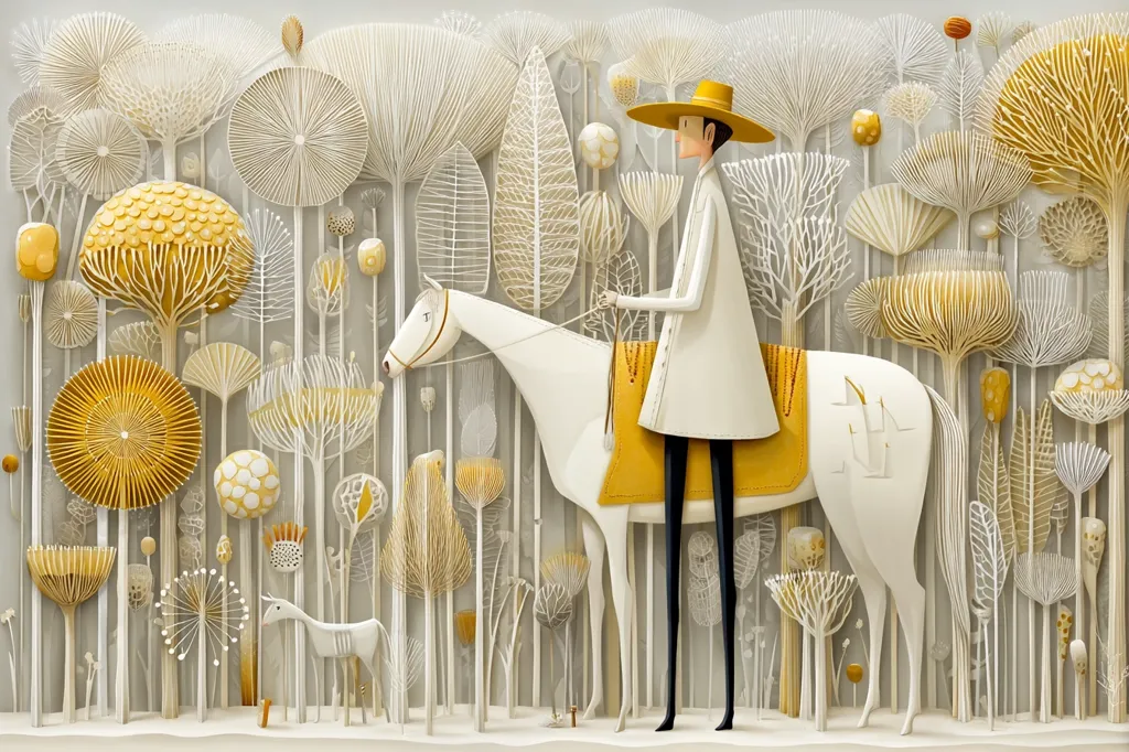 A stylized illustration depicts a person in a long white coat and yellow hat riding a white horse through a whimsical forest.  The trees are abstract and feature intricate, paper-like textures in shades of white and gold.  A smaller, white animal is visible in the lower left corner, adding to the fantastical atmosphere of the scene. The overall style is reminiscent of paper art or a meticulously crafted diorama.