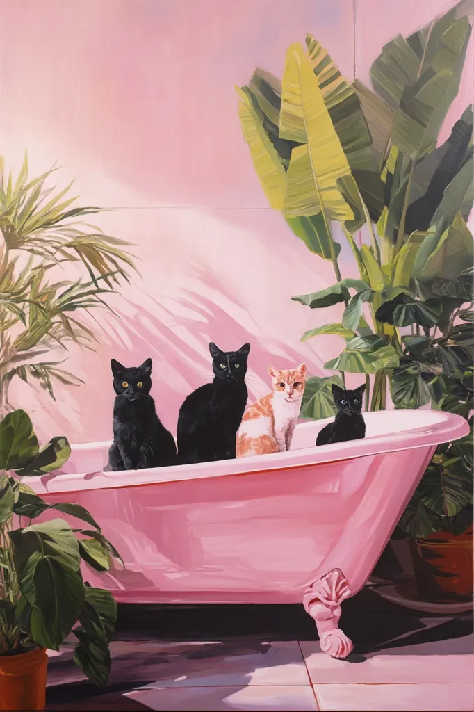 A vibrant painting depicts four cats sitting in a pink claw-foot bathtub. Two black cats flank a ginger cat, with a smaller black cat nestled beside it. Lush tropical plants, including banana leaves and other greenery, form a backdrop against a pink wall, bathed in sunlight. The overall aesthetic is a playful, slightly surreal blend of pop art and tropical imagery.