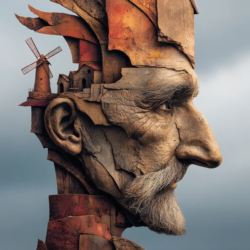 A profile view of a weathered, sculpted head.  The head is constructed from textured, layered materials resembling aged wood and metal, creating a rugged, antique aesthetic.  Atop the head, a miniature windmill and small buildings rest, integrated seamlessly into the sculpture's design.  The overall impression is one of age, memory, and the passage of time.