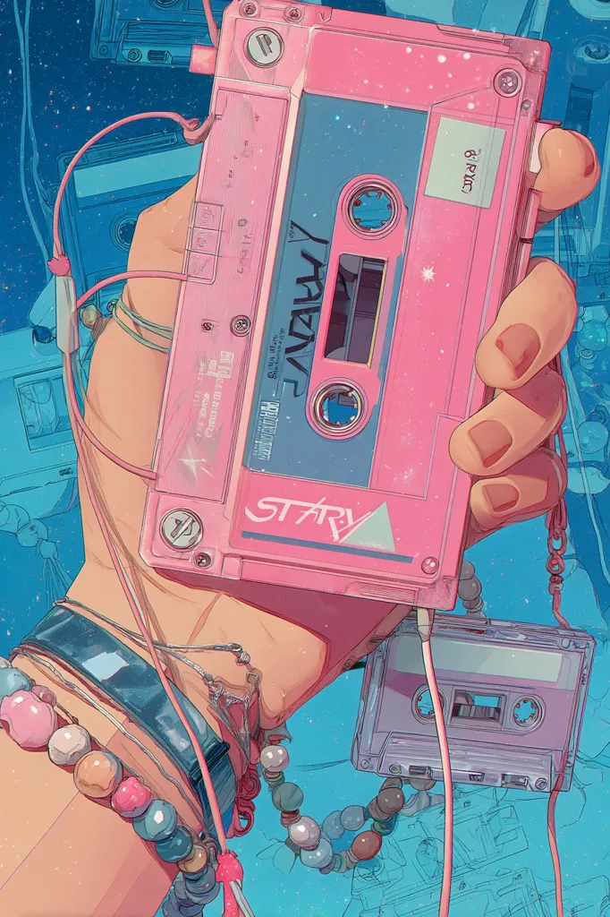 A hand adorned with colorful beaded bracelets holds a vibrant pink cassette tape.  The tape's label features stylized text and a star, suggesting a retro aesthetic.  The background is a dreamy, pastel blue with other cassette tapes scattered around, creating a nostalgic and artistic scene reminiscent of 80s or 90s music culture.  The overall style is digitally rendered with soft, smooth lines and a focus on color harmony.