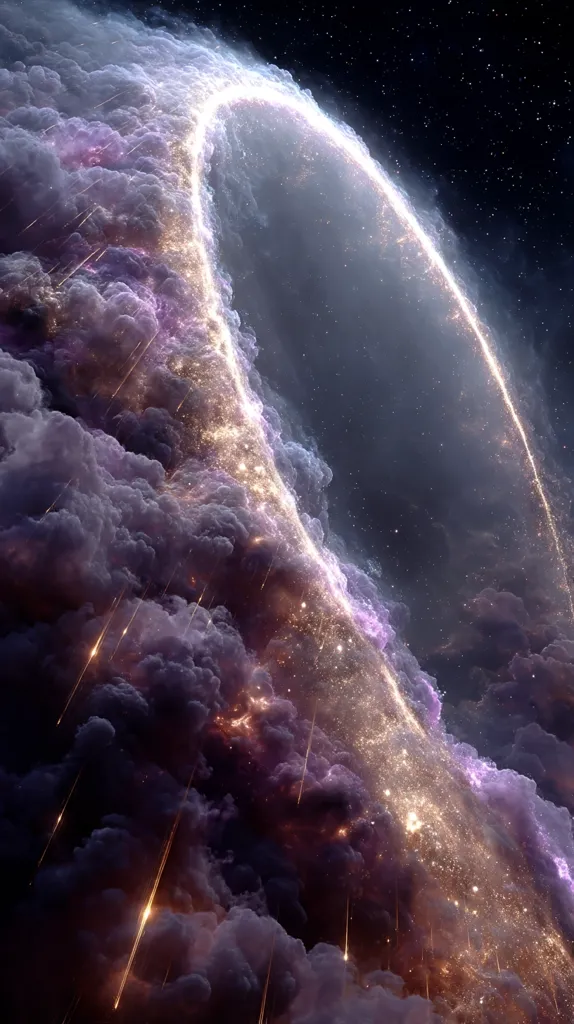 A breathtaking cosmic scene unfolds, showcasing a luminous, golden arc gracefully curving through a nebula of deep purple and grey clouds.  Streaks of golden light, resembling shooting stars, cascade from the arc into the swirling clouds below, creating a mesmerizing spectacle against the backdrop of a star-studded night sky. The image evokes a sense of awe and wonder at the vastness and beauty of the universe.
