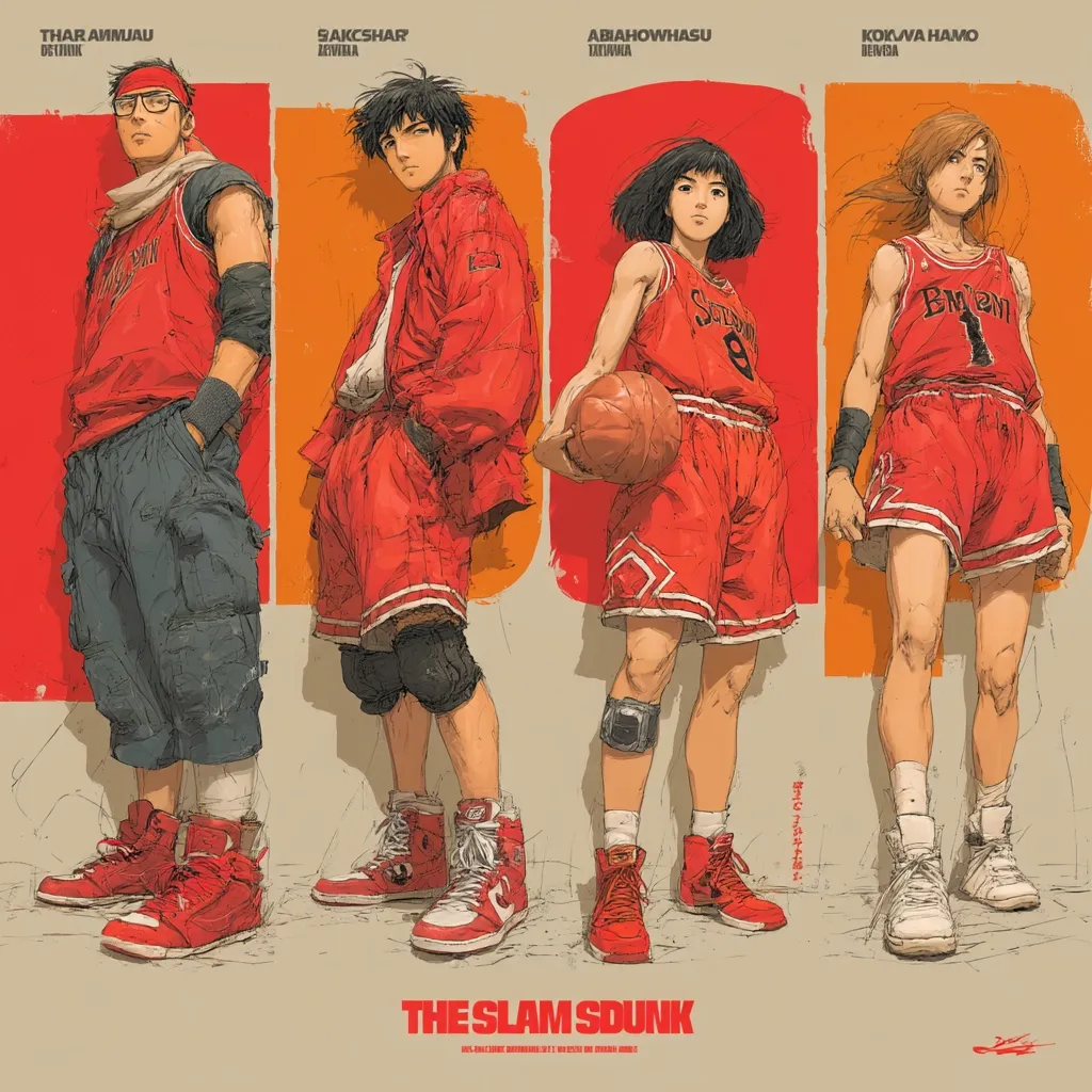 A stylized poster for "The Slam Dunk" movie showcases four characters in red basketball uniforms.  Three males and one female are depicted, each with distinct features and expressions.  Their attire and poses suggest a dynamic and energetic basketball team. The illustration style is rough and textured, emphasizing linework and shading.  The characters' names and positions are listed above each figure.