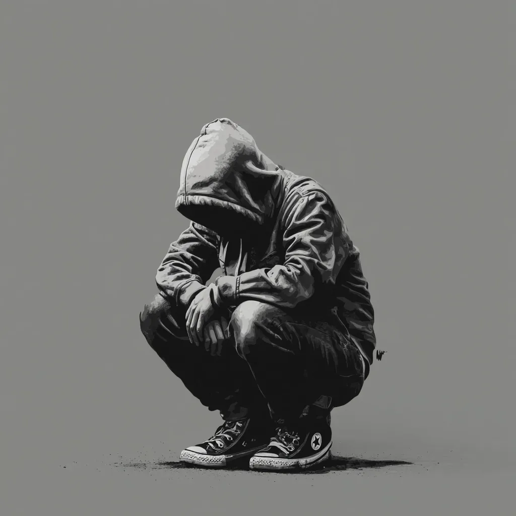 A monochrome illustration depicts a person crouching, head bowed low under a hooded jacket, their face obscured.  They are wearing jeans and Converse sneakers. The figure's posture conveys a sense of dejection or contemplation against a muted grey background. The style is graphic and stylized, emphasizing the mood of solitude and introspection.