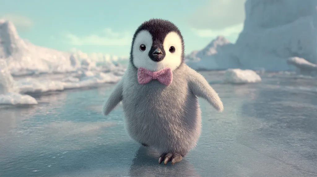 A fluffy, adorable baby penguin waddles across a smooth, icy surface.  The penguin, rendered in realistic detail, sports a charming pink bow tie.  The background features a serene Antarctic landscape with snow and ice formations under a pale blue sky.  The overall image is cute and evokes feelings of warmth and wonder.