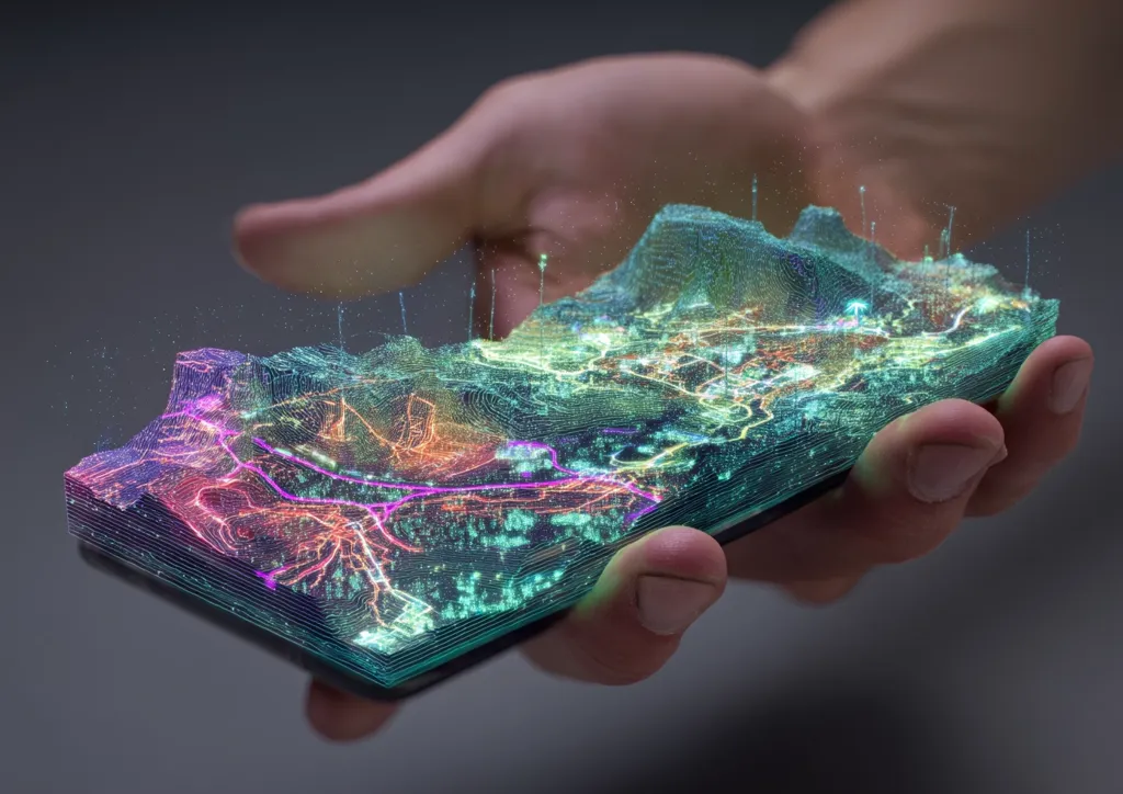 A hand gently cradles a smartphone displaying a vibrant, three-dimensional holographic map.  The map showcases a detailed landscape, with roads, buildings, and terrain rendered in luminous, multicolored lines.  The image suggests advanced digital mapping technology, offering a captivating visualization of geographical data.  The scene is dark and moody, highlighting the futuristic quality of the holographic projection.