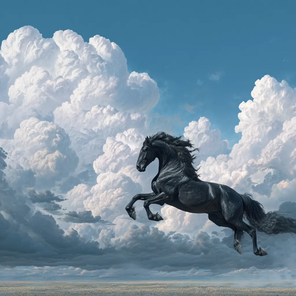 A majestic black stallion leaps through a dramatic sky filled with fluffy cumulus clouds.  The horse is in mid-air, its mane and tail flowing, showcasing its power and grace.  Below, a vast, flat landscape stretches to the horizon, providing a stark contrast to the dynamic movement of the horse above. The scene evokes a sense of freedom and untamed beauty.