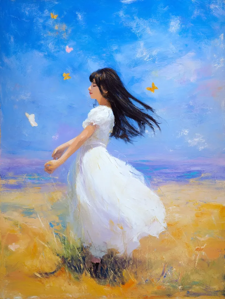 A young woman in a flowing white dress stands in a field of golden grass under a bright blue sky.  Butterflies flutter around her, adding to the idyllic and dreamy atmosphere. Her long dark hair streams behind her as if caught in a gentle breeze.  The painting uses soft, impressionistic brushstrokes to evoke a sense of peace and serenity.