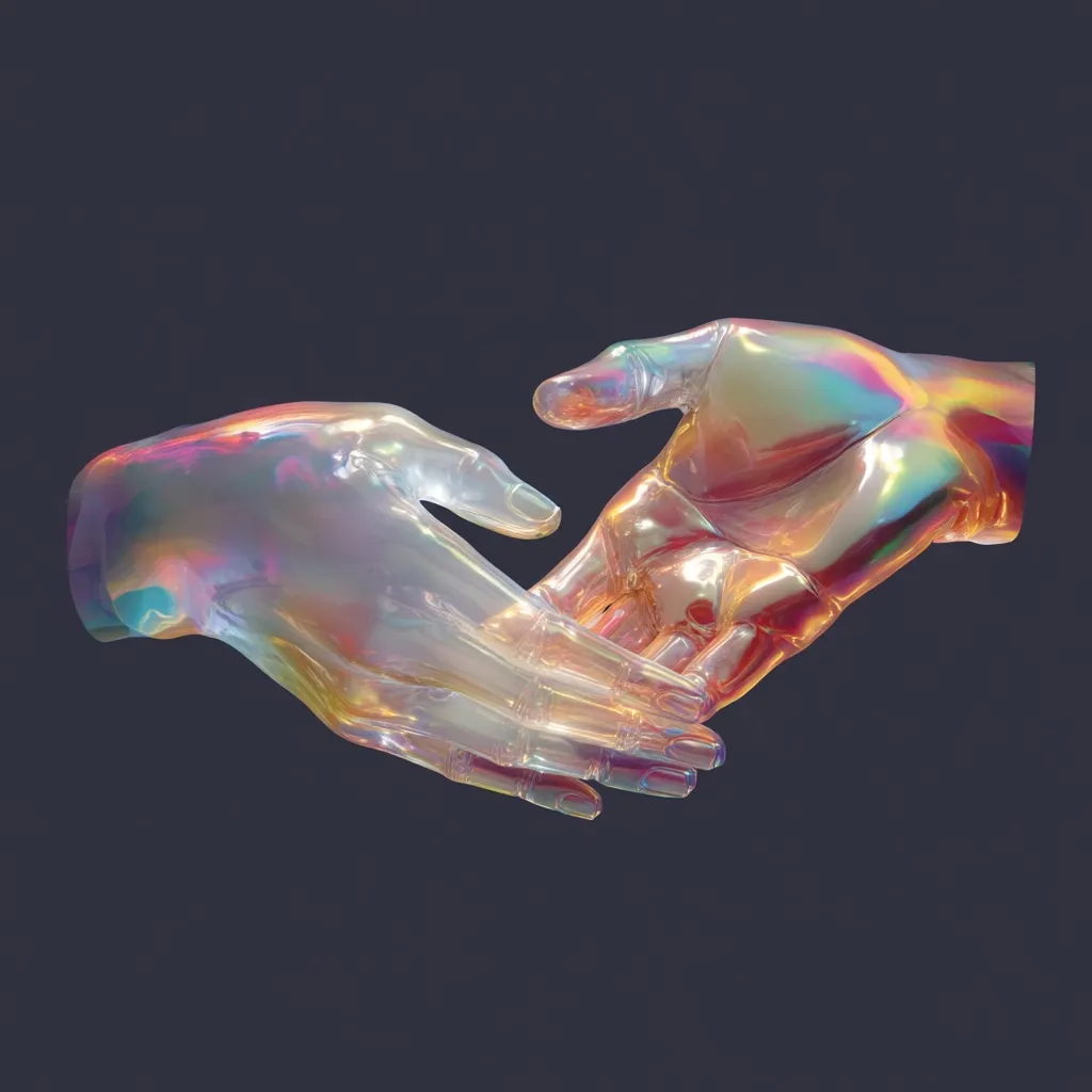 Two iridescent, translucent hands reach out to meet in a gesture of connection or agreement.  The hands are sculpted with a smooth, almost liquid-like quality, their surfaces shimmering with an array of pastel colours.  The dark background emphasizes the ethereal and otherworldly feel of the image.  The composition suggests a theme of unity or collaboration.