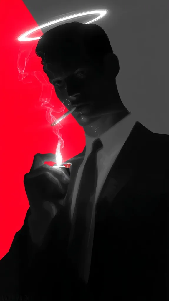 A stylized portrait of a man in a suit, silhouetted against a red and gray background.  He has a glowing halo above his head and is lighting a cigarette. The image uses stark contrasts of light and shadow, creating a dramatic and ambiguous mood. The overall effect is one of stylish darkness and perhaps a suggestion of conflicting personas.