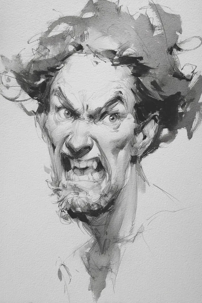 A monochromatic sketch depicts a man's head and shoulders. His expression is one of intense anger, his mouth open in a snarl, eyes narrowed and fierce.  His hair is wild and unkempt, adding to the overall impression of fury. The style is expressive and loose, with visible brushstrokes and shading conveying texture and emotion effectively.  The background is a simple, textured gray.